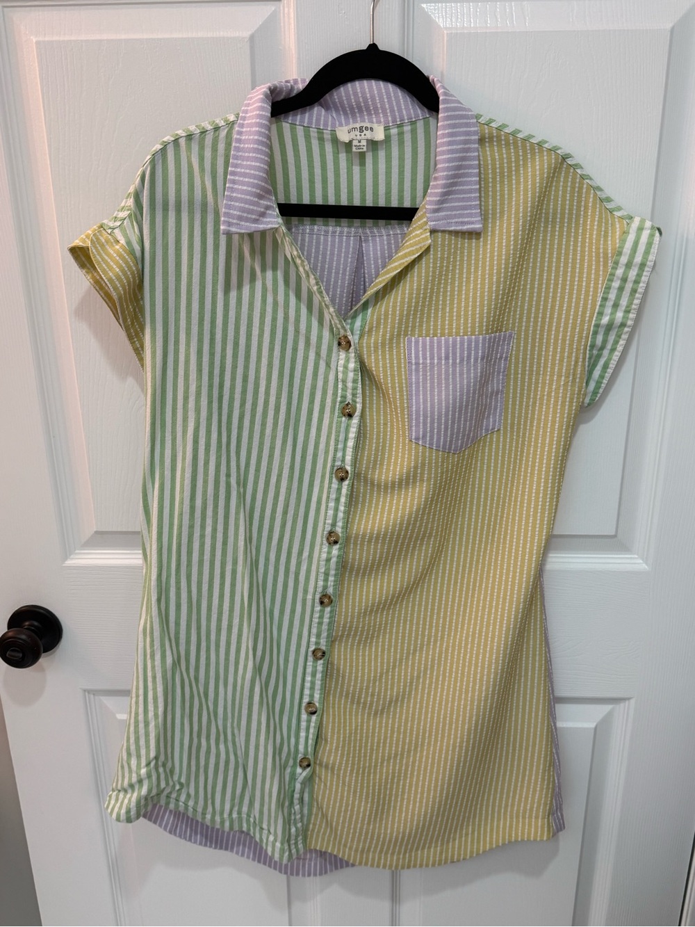 Umgee Striped Colorblock Button-Front Dress - Green, Yellow & Lavender